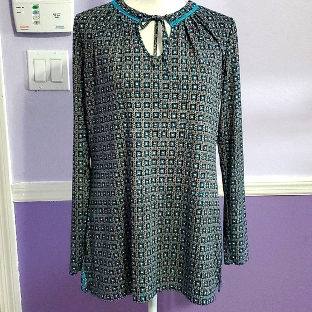 Liz Claiborne Career Black & Turquoise Geometric Boho Print Jersey Top S